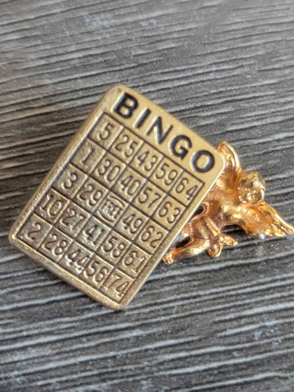 SBE inc, VINTAGE cherub angel bingo card pin